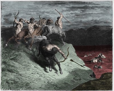Inferno, Canto 12: The centaurs attack the souls in boiling blood (illustration from The Divine Comedy) by Gustave after Dore